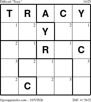 The grouppuzzles.com Difficult Tracy puzzle for Monday October 5, 2026 with the first 3 steps marked