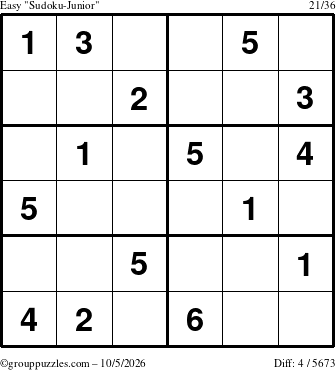 The grouppuzzles.com Easy Sudoku-Junior puzzle for Monday October 5, 2026