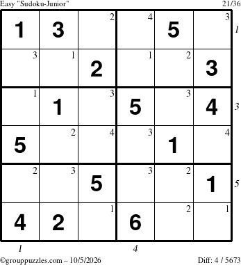 The grouppuzzles.com Easy Sudoku-Junior puzzle for Monday October 5, 2026 with all 4 steps marked