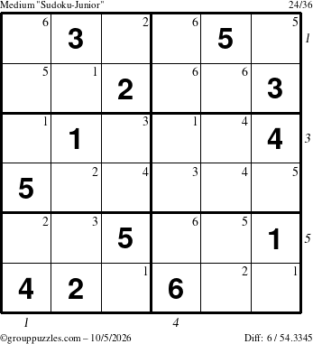 The grouppuzzles.com Medium Sudoku-Junior puzzle for Monday October 5, 2026 with all 6 steps marked