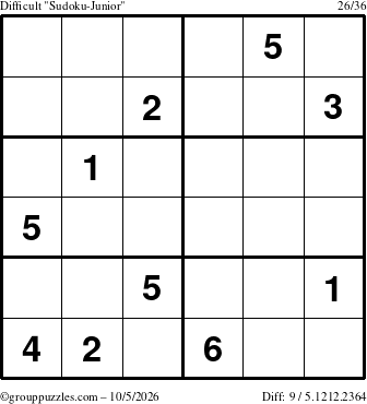 The grouppuzzles.com Difficult Sudoku-Junior puzzle for Monday October 5, 2026