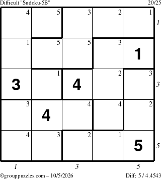 The grouppuzzles.com Difficult Sudoku-5B puzzle for Monday October 5, 2026, suitable for printing, with all 5 steps marked