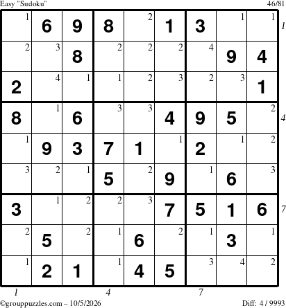 The grouppuzzles.com Easy Sudoku puzzle for Monday October 5, 2026, suitable for printing, with all 4 steps marked