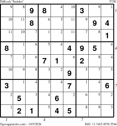 The grouppuzzles.com Difficult Sudoku puzzle for Monday October 5, 2026, suitable for printing, with all 11 steps marked