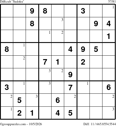 The grouppuzzles.com Difficult Sudoku puzzle for Monday October 5, 2026 with the first 3 steps marked