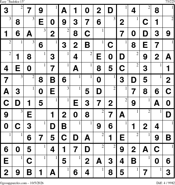 The grouppuzzles.com Easy Sudoku-15 puzzle for Monday October 5, 2026 with the first 3 steps marked