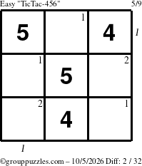 The grouppuzzles.com Easy TicTac-456 puzzle for Monday October 5, 2026, suitable for printing, with all 2 steps marked