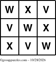 The grouppuzzles.com Answer grid for the TicTac-VWX puzzle for Wednesday October 28, 2026