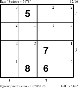 The grouppuzzles.com Easy Sudoku-4-5678 puzzle for Wednesday October 28, 2026, suitable for printing, with all 3 steps marked