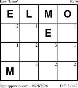 The grouppuzzles.com Easy Elmo puzzle for Wednesday October 28, 2026 with the first 3 steps marked