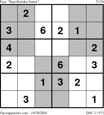 The grouppuzzles.com Easy SuperSudoku-Junior puzzle for Wednesday October 28, 2026