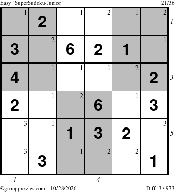The grouppuzzles.com Easy SuperSudoku-Junior puzzle for Wednesday October 28, 2026 with all 3 steps marked