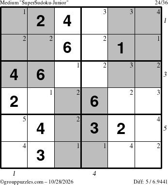 The grouppuzzles.com Medium SuperSudoku-Junior puzzle for Wednesday October 28, 2026 with all 5 steps marked