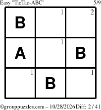 The grouppuzzles.com Easy TicTac-ABC puzzle for Wednesday October 28, 2026 with the first 2 steps marked