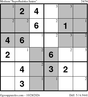 The grouppuzzles.com Medium SuperSudoku-Junior puzzle for Wednesday October 28, 2026 with the first 3 steps marked