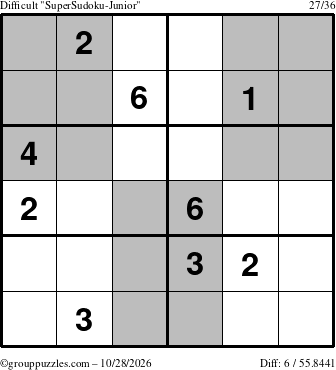 The grouppuzzles.com Difficult SuperSudoku-Junior puzzle for Wednesday October 28, 2026