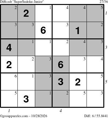 The grouppuzzles.com Difficult SuperSudoku-Junior puzzle for Wednesday October 28, 2026, suitable for printing, with all 6 steps marked