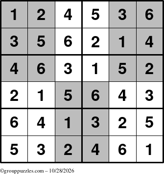 The grouppuzzles.com Answer grid for the SuperSudoku-Junior puzzle for Wednesday October 28, 2026