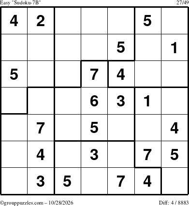 The grouppuzzles.com Easy Sudoku-7B puzzle for Wednesday October 28, 2026