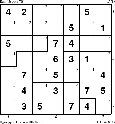 The grouppuzzles.com Easy Sudoku-7B puzzle for Wednesday October 28, 2026, suitable for printing, with all 4 steps marked