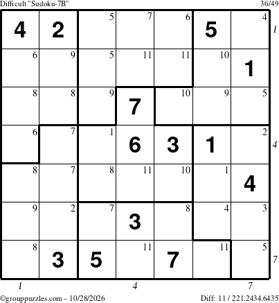 The grouppuzzles.com Difficult Sudoku-7B puzzle for Wednesday October 28, 2026 with all 11 steps marked