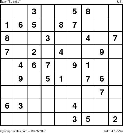 The grouppuzzles.com Easy Sudoku puzzle for Wednesday October 28, 2026