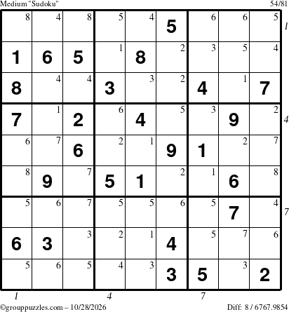 The grouppuzzles.com Medium Sudoku puzzle for Wednesday October 28, 2026, suitable for printing, with all 8 steps marked