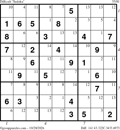 The grouppuzzles.com Difficult Sudoku puzzle for Wednesday October 28, 2026 with all 14 steps marked