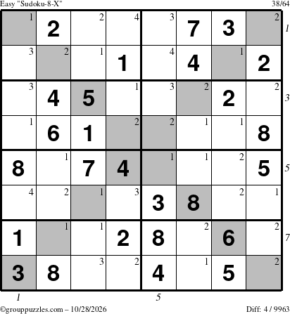 The grouppuzzles.com Easy Sudoku-8-X puzzle for Wednesday October 28, 2026, suitable for printing, with all 4 steps marked