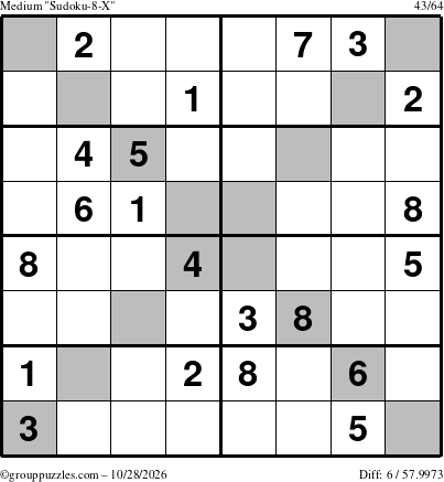 The grouppuzzles.com Medium Sudoku-8-X puzzle for Wednesday October 28, 2026