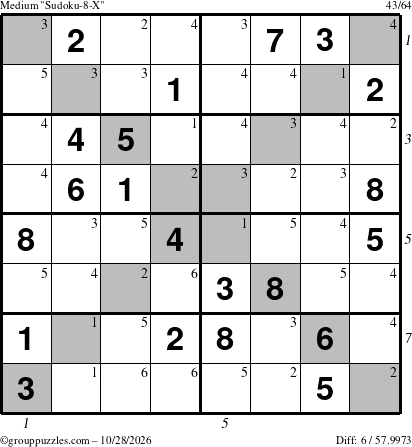 The grouppuzzles.com Medium Sudoku-8-X puzzle for Wednesday October 28, 2026 with all 6 steps marked