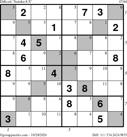 The grouppuzzles.com Difficult Sudoku-8-X puzzle for Wednesday October 28, 2026 with all 11 steps marked