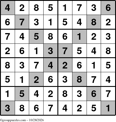 The grouppuzzles.com Answer grid for the Sudoku-8-X puzzle for Wednesday October 28, 2026