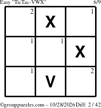 The grouppuzzles.com Easy TicTac-VWX puzzle for Wednesday October 28, 2026 with the first 2 steps marked
