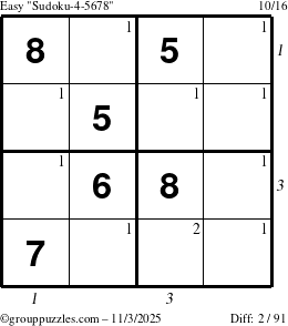 The grouppuzzles.com Easy Sudoku-4-5678 puzzle for Monday November 3, 2025, suitable for printing, with all 2 steps marked