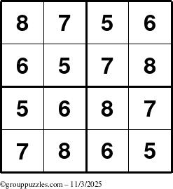 The grouppuzzles.com Answer grid for the Sudoku-4-5678 puzzle for Monday November 3, 2025