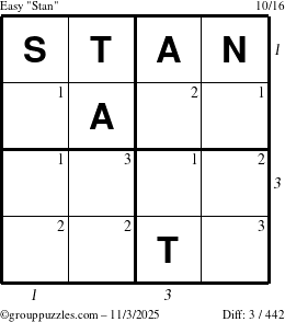 The grouppuzzles.com Easy Stan puzzle for Monday November 3, 2025, suitable for printing, with all 3 steps marked