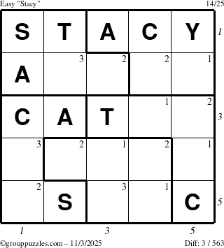 The grouppuzzles.com Easy Stacy puzzle for Monday November 3, 2025 with all 3 steps marked