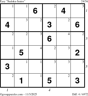 The grouppuzzles.com Easy Sudoku-Junior puzzle for Monday November 3, 2025, suitable for printing, with all 4 steps marked