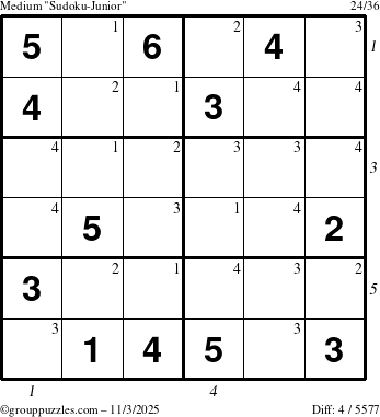 The grouppuzzles.com Medium Sudoku-Junior puzzle for Monday November 3, 2025, suitable for printing, with all 4 steps marked