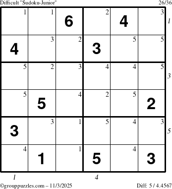 The grouppuzzles.com Difficult Sudoku-Junior puzzle for Monday November 3, 2025 with all 5 steps marked