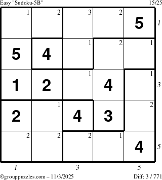 The grouppuzzles.com Easy Sudoku-5B puzzle for Monday November 3, 2025 with all 3 steps marked