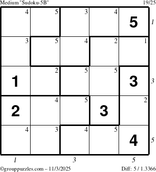 The grouppuzzles.com Medium Sudoku-5B puzzle for Monday November 3, 2025, suitable for printing, with all 5 steps marked