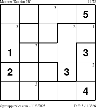 The grouppuzzles.com Medium Sudoku-5B puzzle for Monday November 3, 2025 with the first 3 steps marked