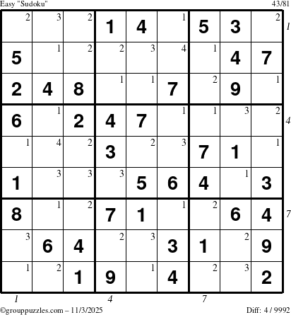 The grouppuzzles.com Easy Sudoku puzzle for Monday November 3, 2025, suitable for printing, with all 4 steps marked
