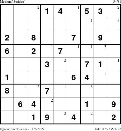 The grouppuzzles.com Medium Sudoku puzzle for Monday November 3, 2025 with the first 3 steps marked