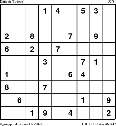 The grouppuzzles.com Difficult Sudoku puzzle for Monday November 3, 2025