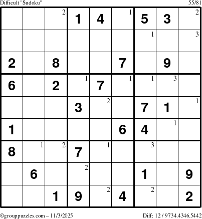 The grouppuzzles.com Difficult Sudoku puzzle for Monday November 3, 2025 with the first 3 steps marked