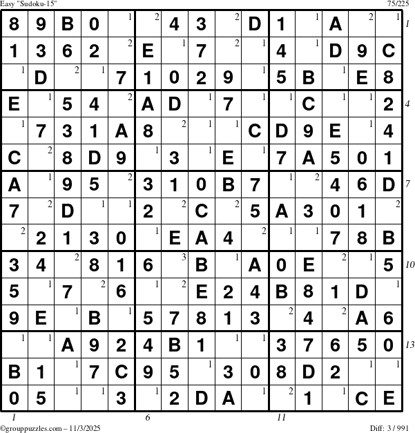 The grouppuzzles.com Easy Sudoku-15 puzzle for Monday November 3, 2025, suitable for printing, with all 3 steps marked