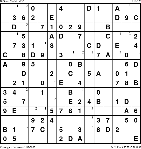 The grouppuzzles.com Difficult Sudoku-15 puzzle for Monday November 3, 2025 with the first 3 steps marked